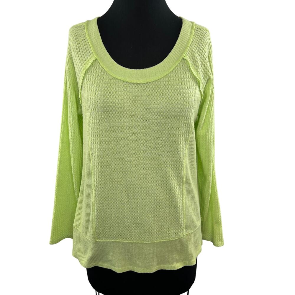 Anthropologie Eri + Ali Lime Green Scoop Neck Raglan Sleeve Waffle Knit M Medium